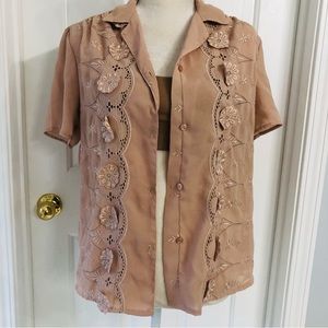 Vtg D.J. Women’s blouse Sz XL brown Floral print short sleeve sheer button USA